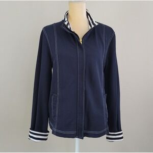 JONES NEW YORK Size Large Navy Blue Full Zip Striped Cuff Lightweight Jacket